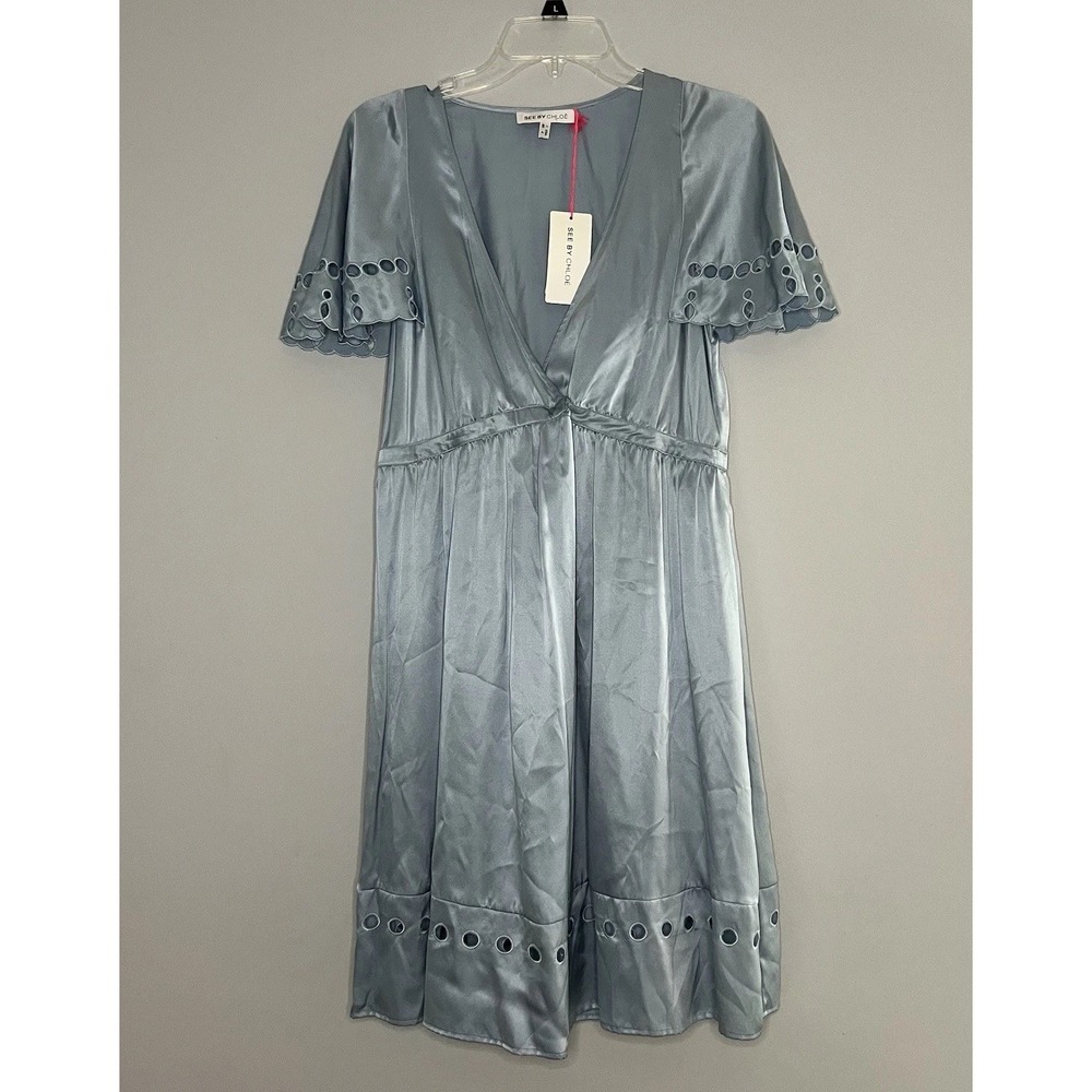 See by‎ Chloe Silk Babydoll Slip Dress Eyelet Blue Y2K Coquette Size 40 US 4 NEW - Picture 2 of 12